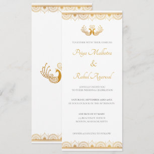 Tarjeta de invitación a la boda étnica de oro indi