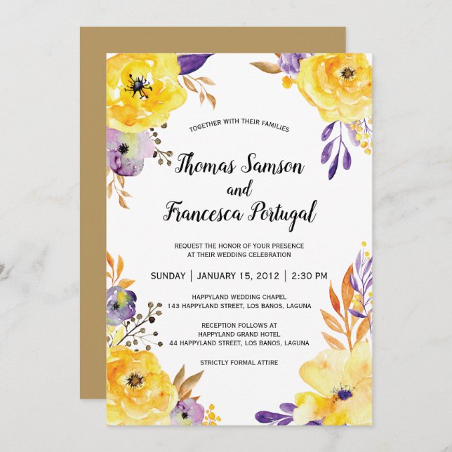 Tarjeta de invitación a la boda floral acuarela (Anverso / Reverso)