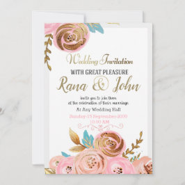 Tarjeta de invitación a la boda floral de oro y Ro