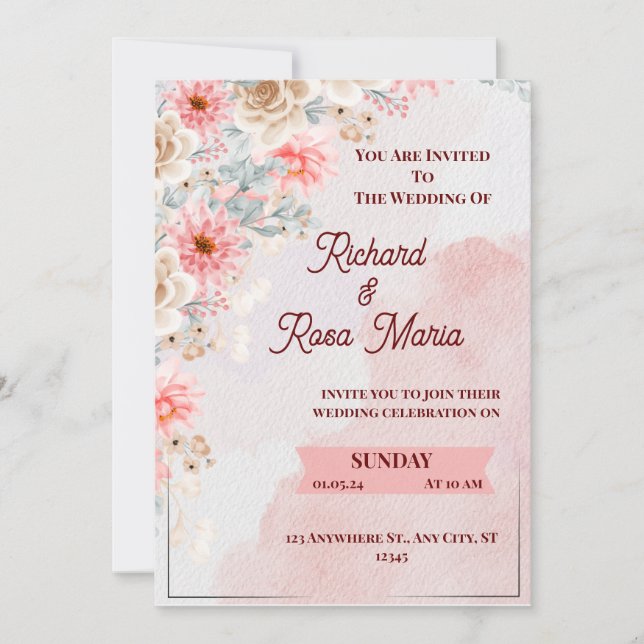 Tarjeta de invitación a la boda floral rosa (Anverso)