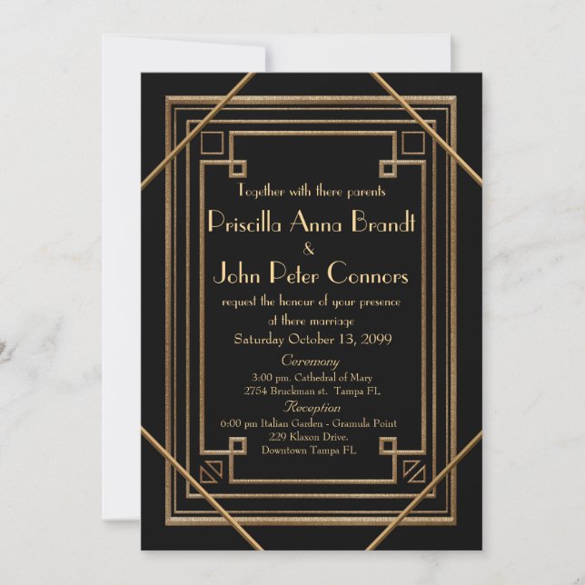 Tarjeta de invitación a la boda, Gran Gatsby, negr (Anverso)