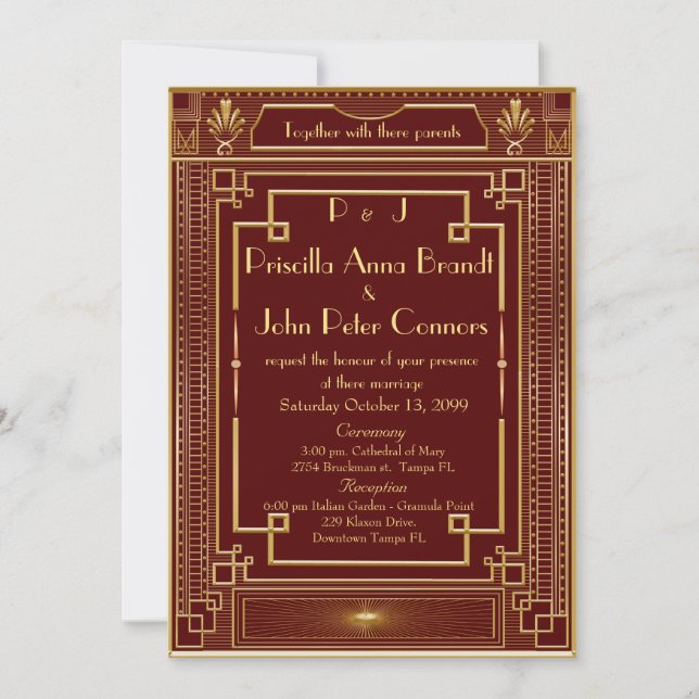 Tarjeta de invitación a la boda,Gran Gatsby, RED,  (Anverso)
