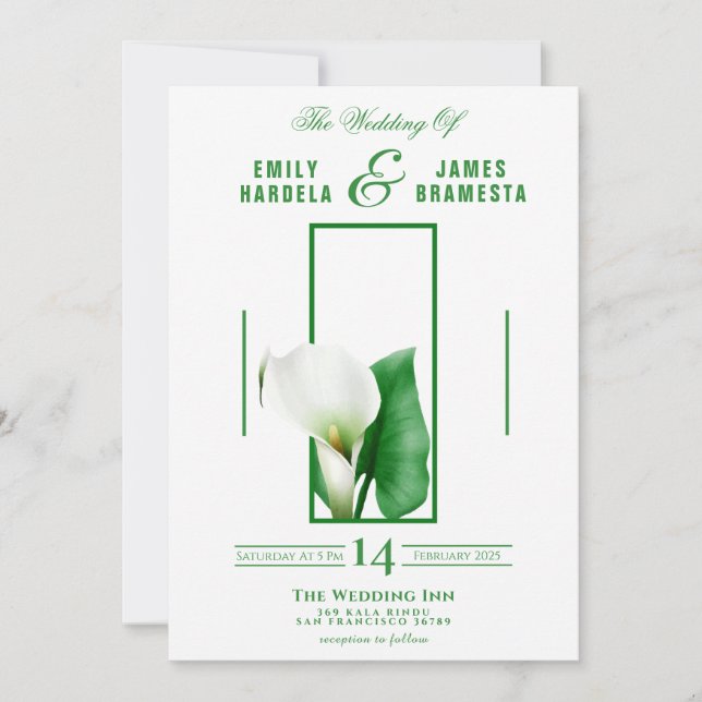 Tarjeta de invitación a la boda Greenery Cala Lily (Anverso)