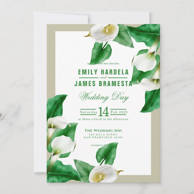 Tarjeta de invitación a la boda Greenery Cala Lily (Anverso)