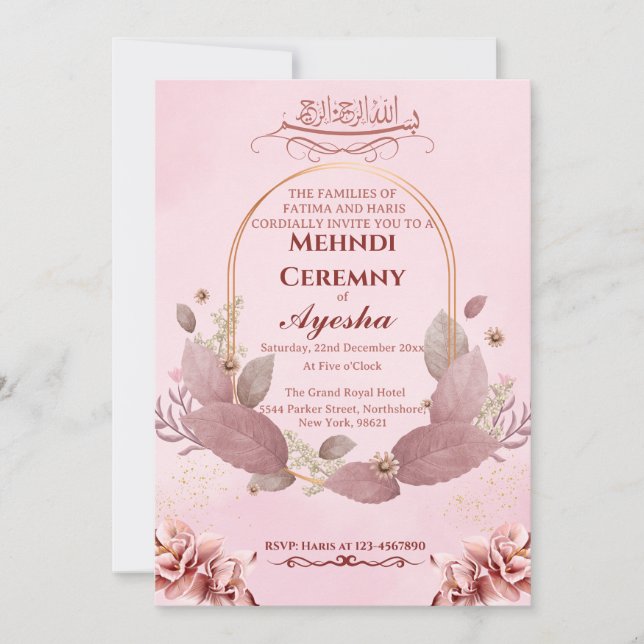 Tarjeta de invitación a la boda islámica Mehndi co (Anverso)