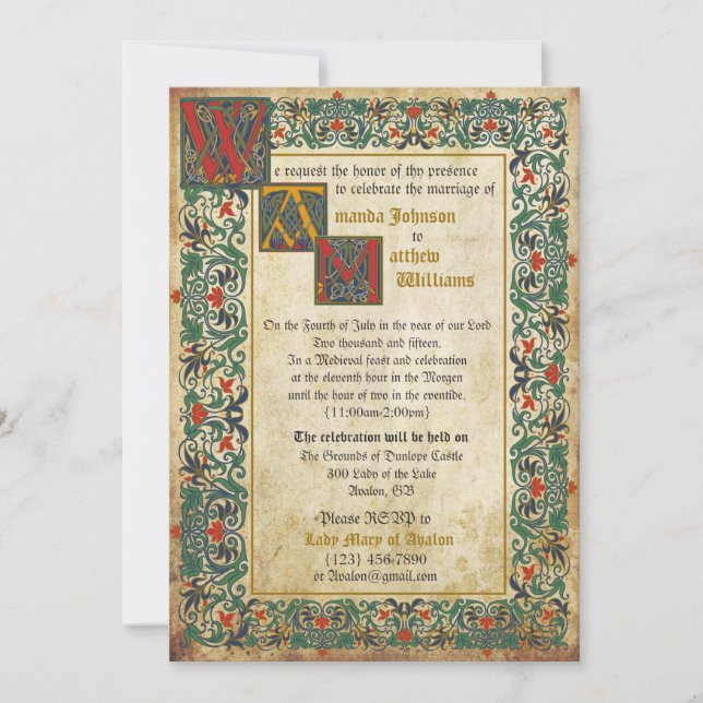 Tarjeta de invitación a la boda medieval manuscrit (Anverso)