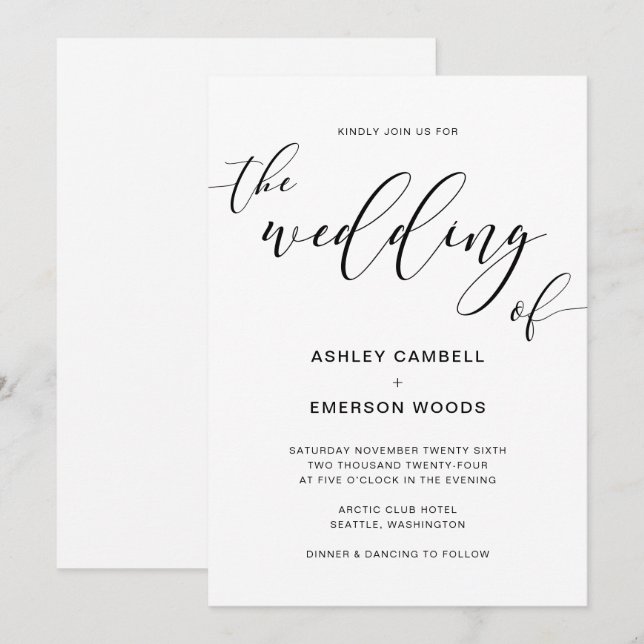 Tarjeta de invitación a la boda moderna de caligra (Anverso / Reverso)