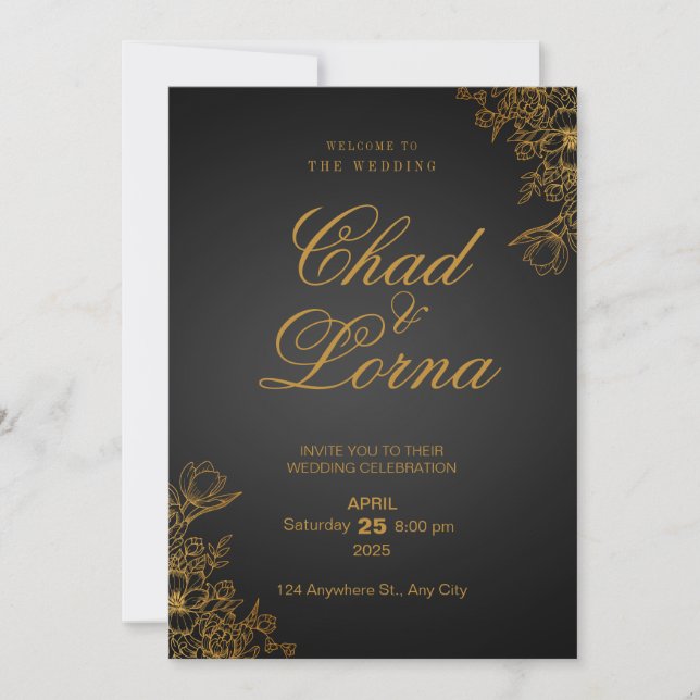 Tarjeta de invitación a la boda moderna de oro neg (Anverso)