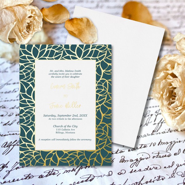 Tarjeta de invitación a la boda por follaje de Rel (Gold Foil Foliage Wedding Invitation Card)