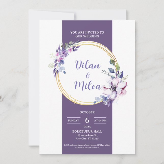Tarjeta de invitación a la boda púrpura (Anverso)