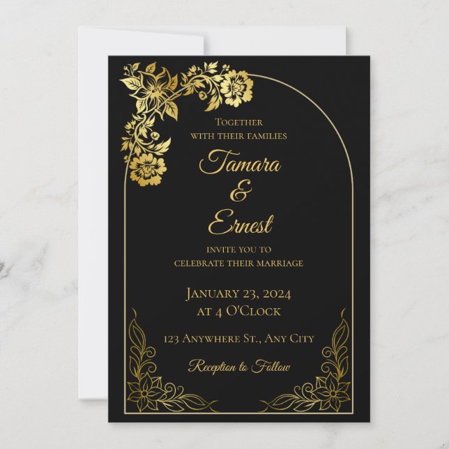 Tarjeta de invitación a la boda real de oro negro  (Anverso)