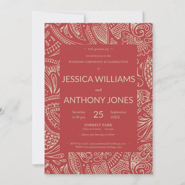 Tarjeta de invitación a la boda roja bohemiana rus (Anverso)