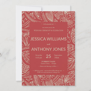 Tarjeta de invitación a la boda roja bohemiana rus