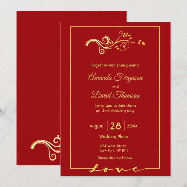 Tarjeta de invitación a la boda roja con decoració (Anverso / Reverso)