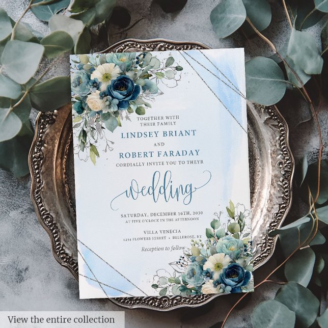 Tarjeta de invitación a la boda romántica de plata (Romantic Dusty Blue Silver Wedding Invitation Card)