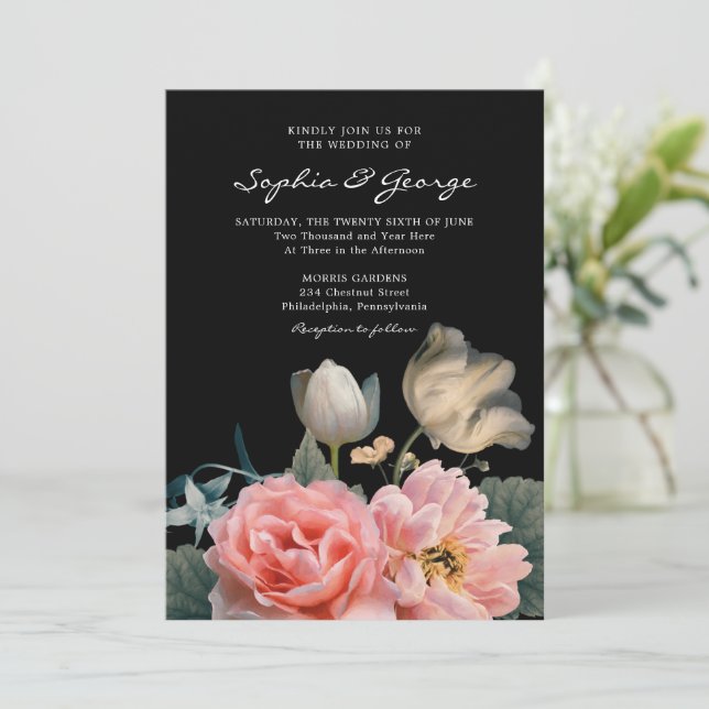 Tarjeta de invitación a la boda romántica floral (Anverso de pie)