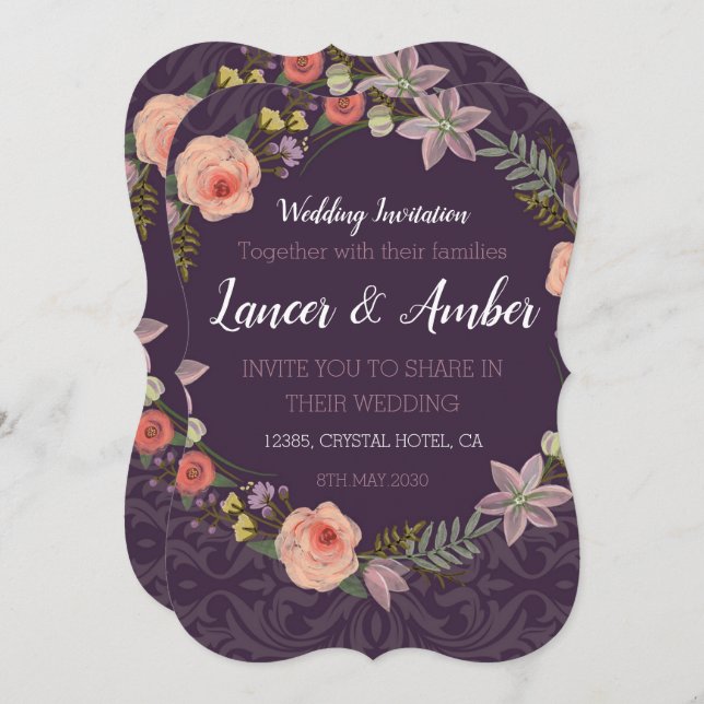 Tarjeta de invitación a la boda rosa rosa violeta  (Anverso / Reverso)