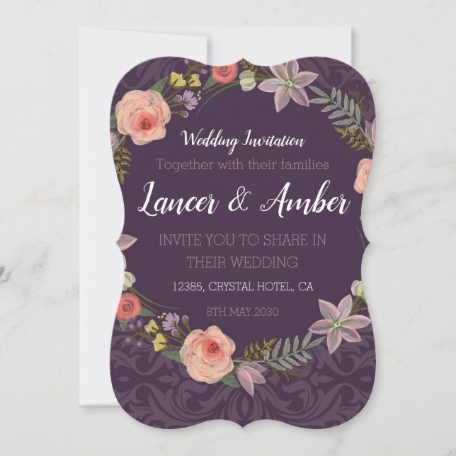 Tarjeta de invitación a la boda rosa rosa violeta  (Anverso)