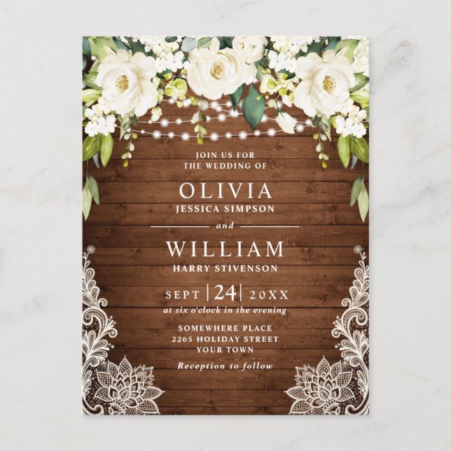 Tarjeta de invitación a la boda rústica con rosas  (Anverso)