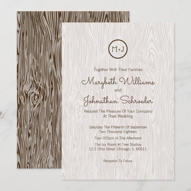 Tarjeta de invitación a la boda rústica de madera  (Anverso / Reverso)