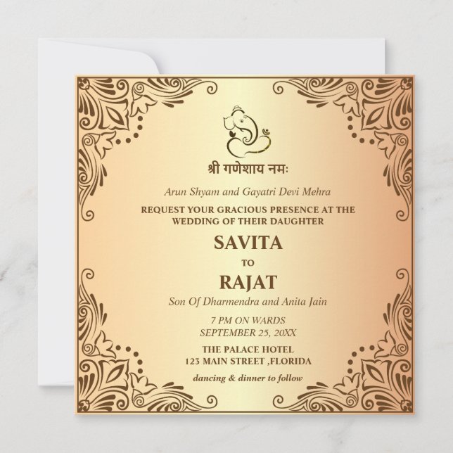 Tarjeta de invitación a la boda tradicional india (Anverso)
