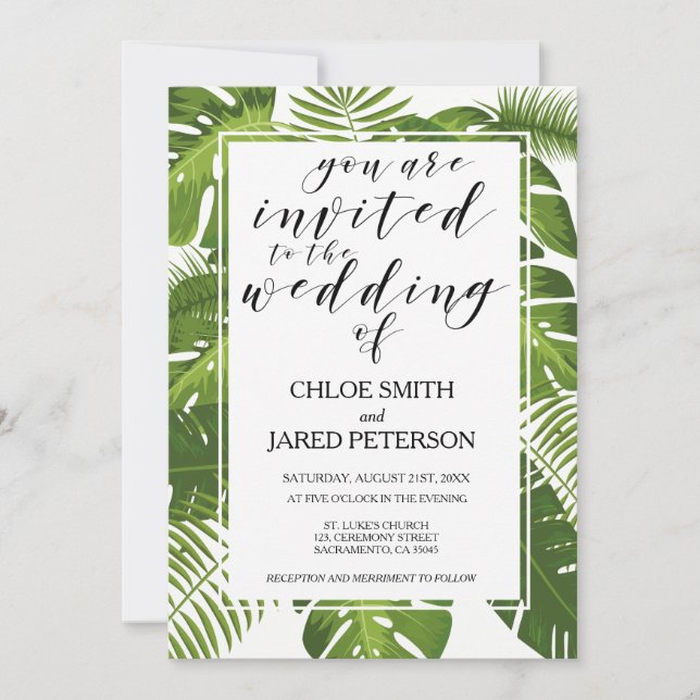 Tarjeta de invitación a la boda tropical (Anverso)