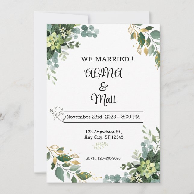 Tarjeta de invitación a la boda verde y blanca. (Anverso)
