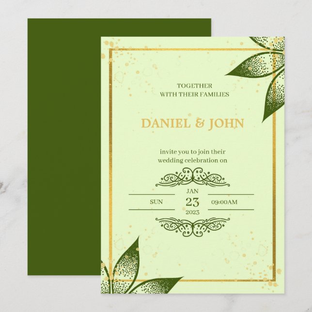 Tarjeta de invitación a la boda: Verde y Oro (Anverso / Reverso)