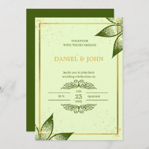 Tarjeta de invitación a la boda: Verde y Oro