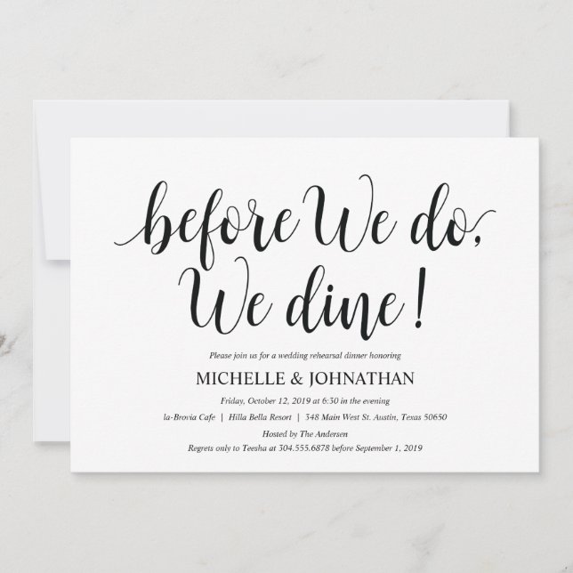 Tarjeta de invitación a la cena de ensayo de Boda  (Anverso)