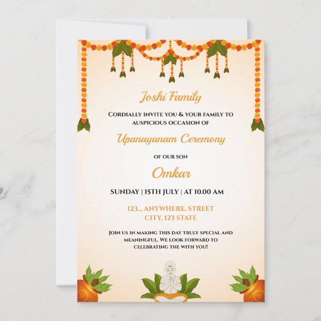 Tarjeta de invitación a la ceremonia de Upanayanam (Anverso)