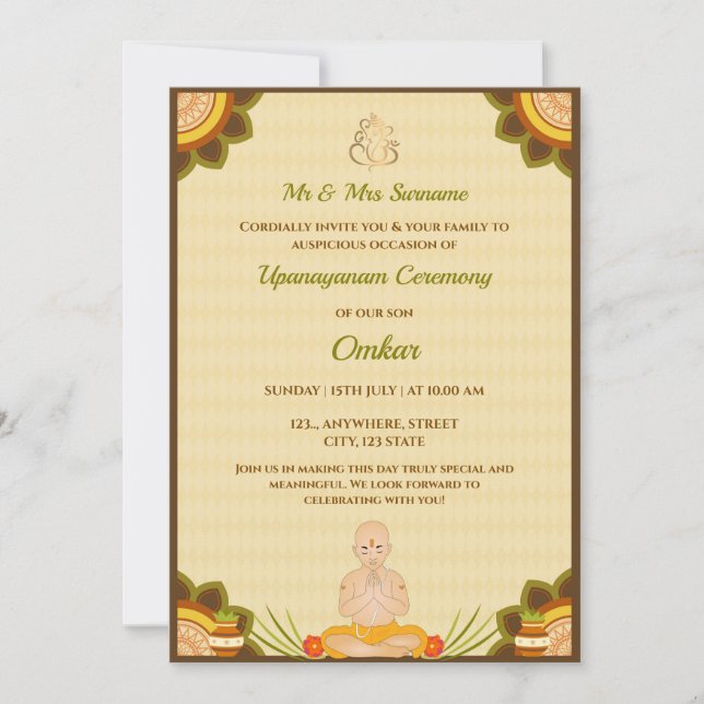 Tarjeta de invitación a la ceremonia de Upanayanam (Anverso)