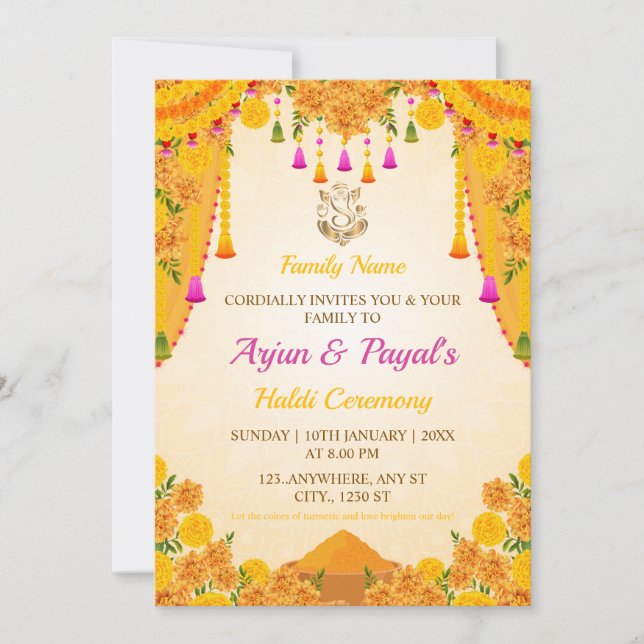 Tarjeta de invitación a la ceremonia Haldi, tarjet (Anverso)