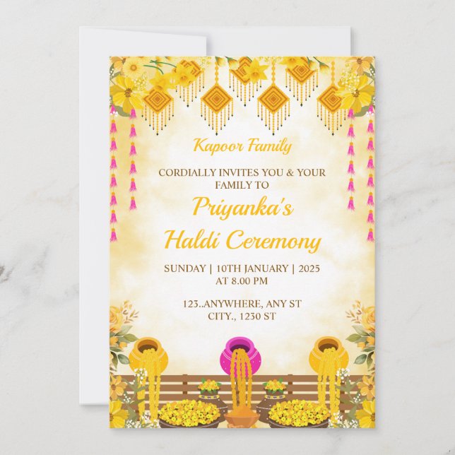 Tarjeta de invitación a la ceremonia Haldi, tarjet (Anverso)