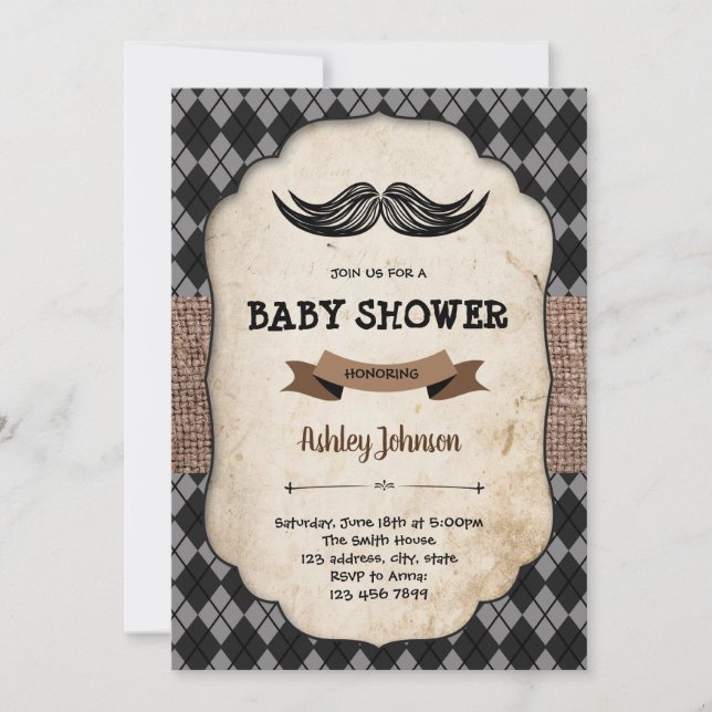 Tarjeta de invitación a la ducha de bebé Mustache (Anverso)