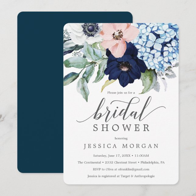 Tarjeta de invitación a la ducha de novia con flor (Anverso / Reverso)