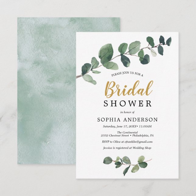 Tarjeta de invitación a la ducha de novia Eucalypt (Anverso / Reverso)