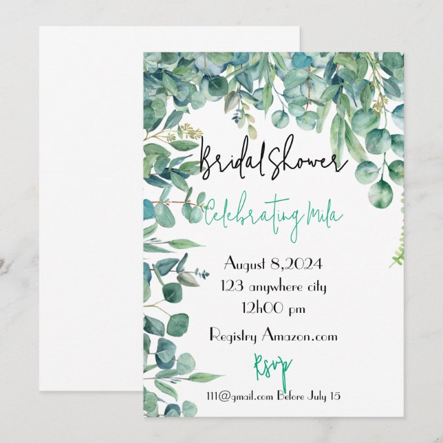 tarjeta de invitación a la ducha de novia eucalypt (Anverso / Reverso)
