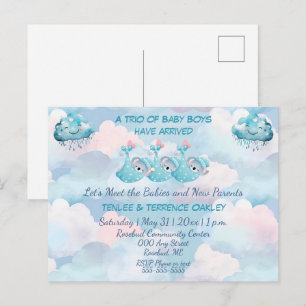 Tarjeta de invitación a la ducha de trillizos niño