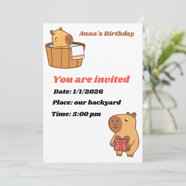 Tarjeta de Invitación a la Fiesta de Capybara | Cu (Anverso de pie)