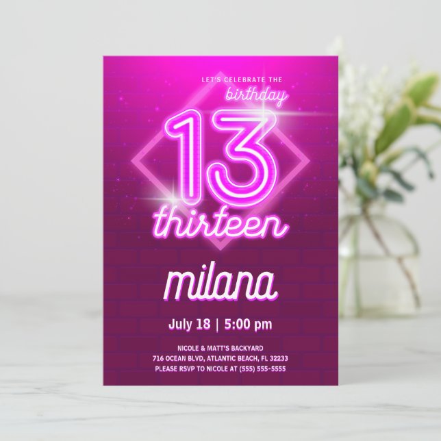 Tarjeta de invitación a la fiesta de cumpleaños 13 (Anverso de pie)