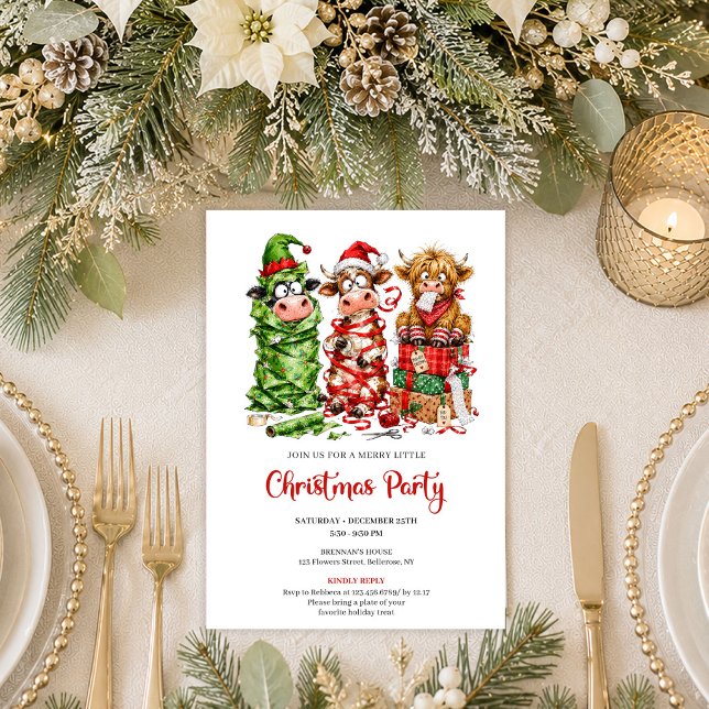Tarjeta de Invitación a la Fiesta de Navidad de Va (Bright Funny Cows Red Green Christmas Party Invitation

)