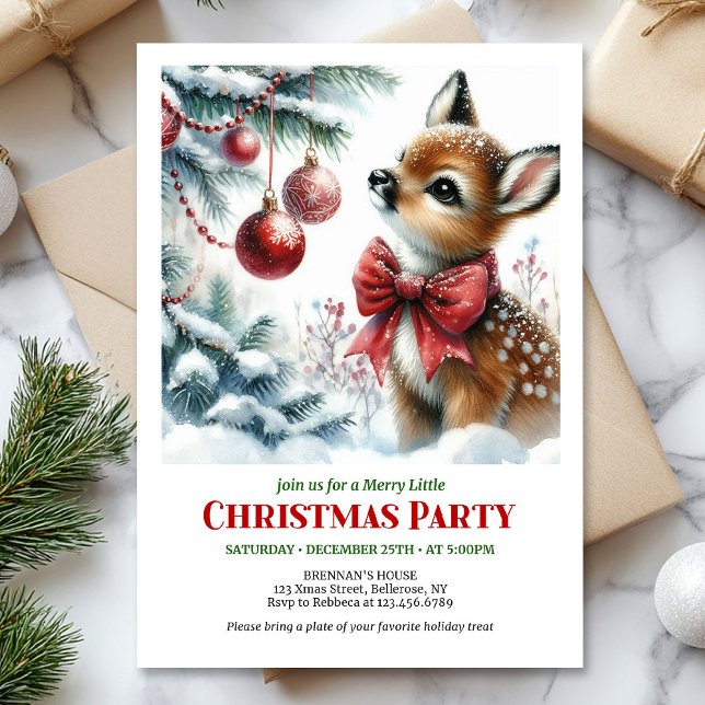 Tarjeta de invitación a la fiesta de Navidad escen (Cute baby deer winter scene Christmas party invitation)