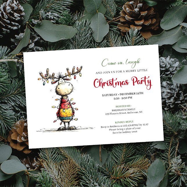 Tarjeta de Invitación a la Fiesta Navideña de Reno (Quirky Reindeer Holiday Party Invitation Card)