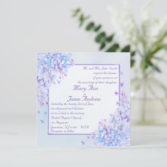 Tarjeta de invitación a la flor acuática azul púrp (Anverso de pie)