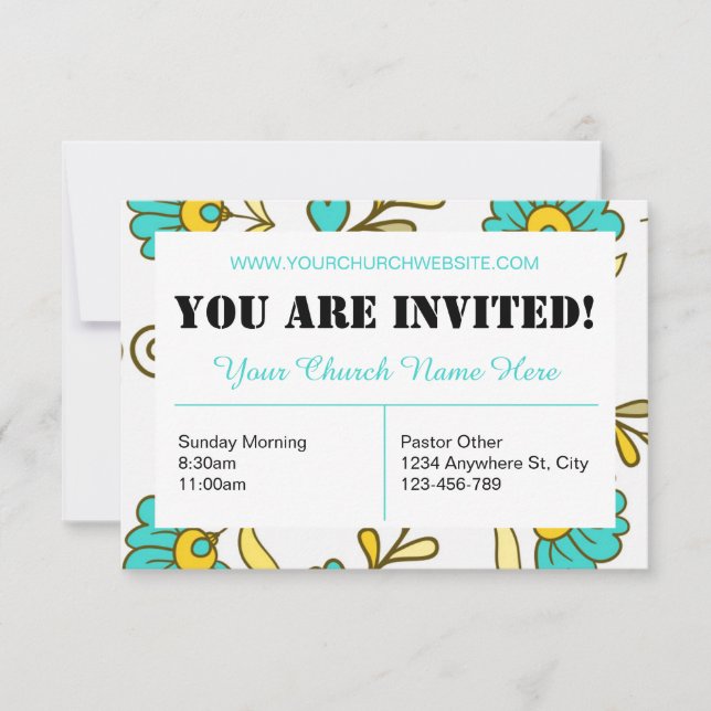 Tarjeta de invitación a la iglesia floral teal (Anverso)