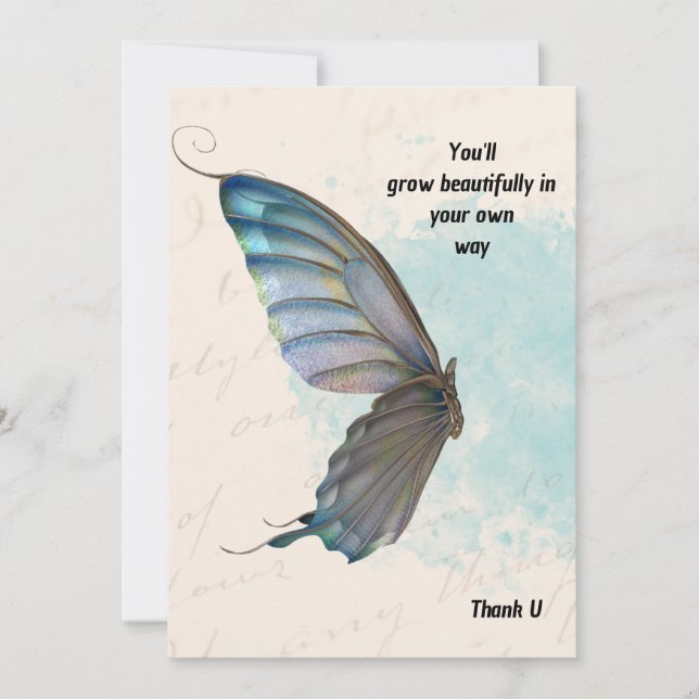 Tarjeta de invitación a la mariposa azul beige. (Anverso)