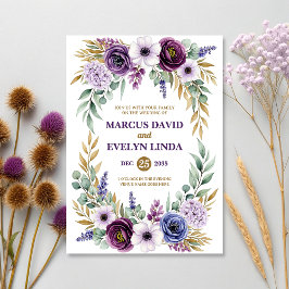 Tarjeta de invitación a matrimonio de color morado