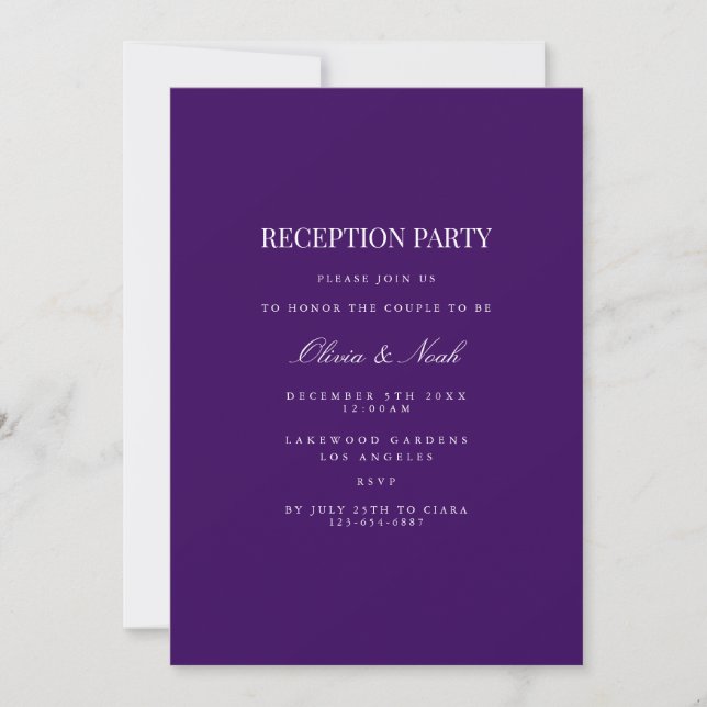 Tarjeta de invitación a recepción blanca y morada  (Anverso)