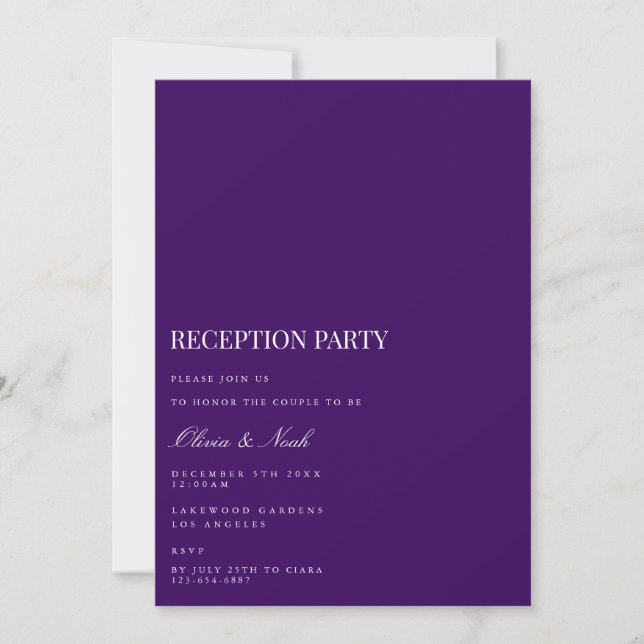 Tarjeta de invitación a recepción blanca y morada  (Anverso)